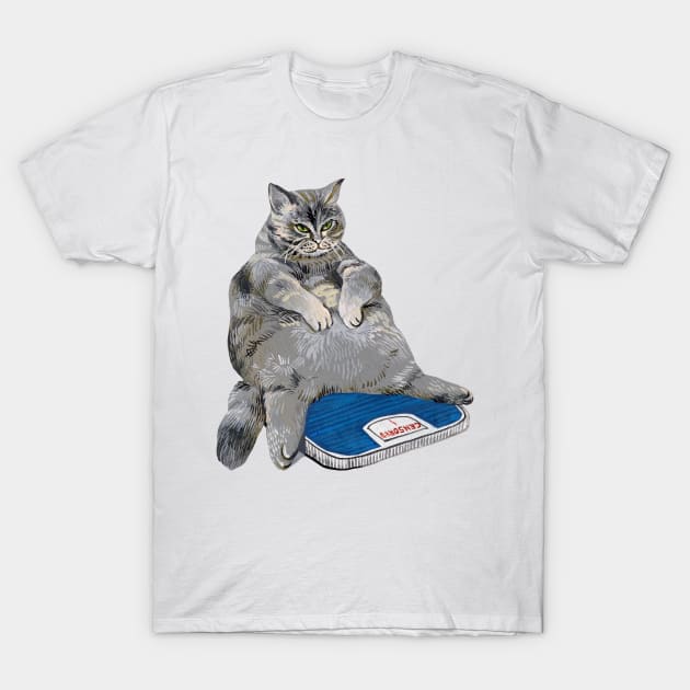 Fat grey cat on the scales T-Shirt by argiropulo